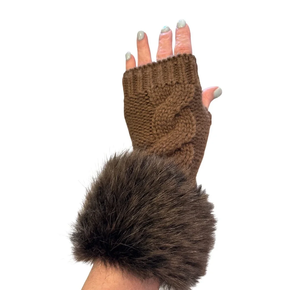 Glove Faux Fur Fingerless Gloves Knit Brown Faux Fur Trim Cozy Winter Women NWOT